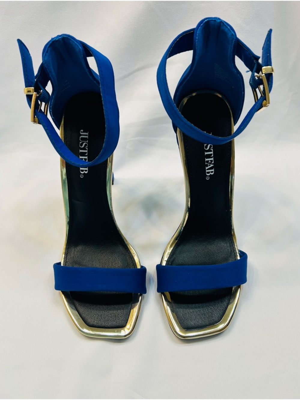 JustFab Stiletto Open-Toe Ankle Strap Heels with Gold Trim.  New Without Box